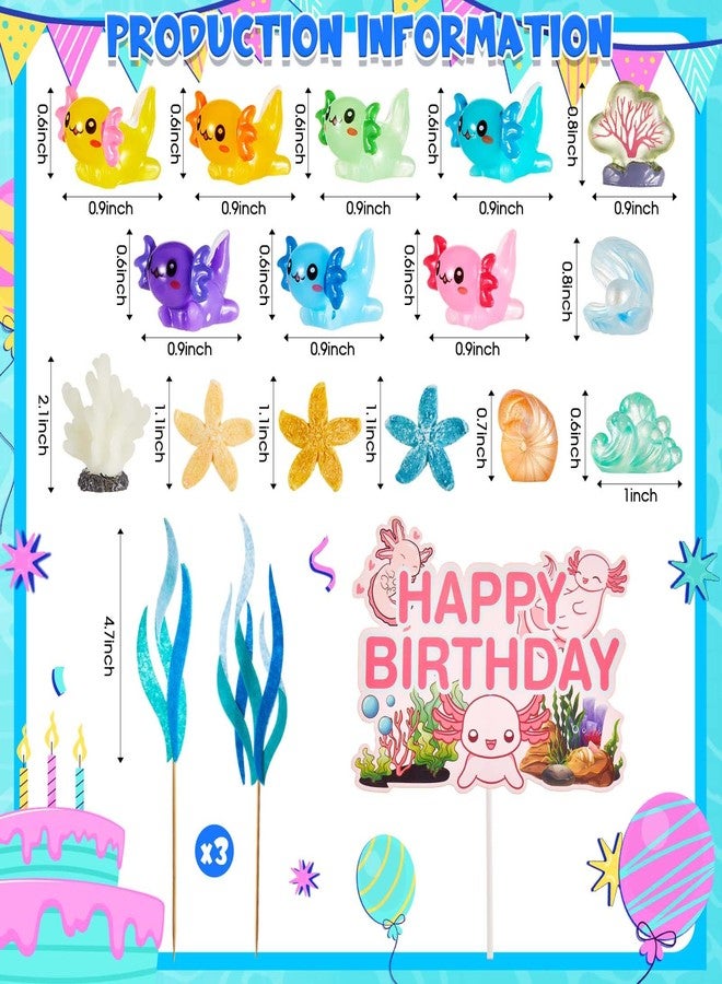 RoundFunny 26 Pcs Axolotl Birthday Decorations Supplies Include 1 Cake Topper 3 Bags Artificial Seagrass 22 Pcs Axolotl Cake Decorations for Ocean Party - Image 2